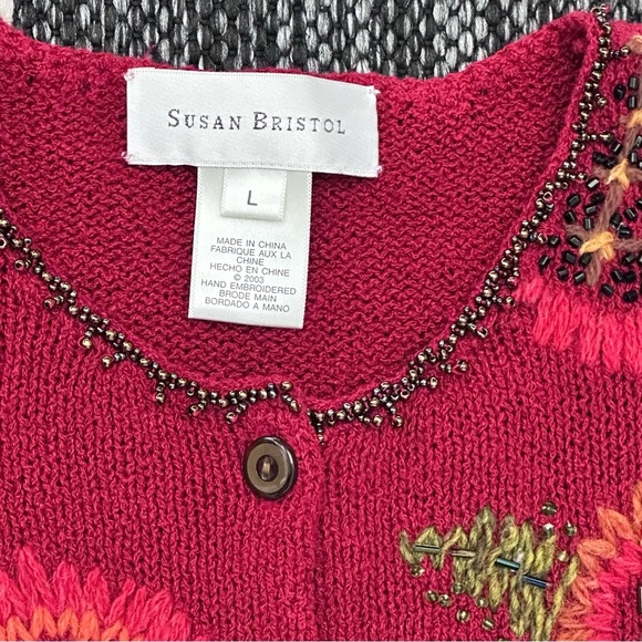Vintage Cardigan Sweater Susan Bristol L Granny-core Hand Beaded Red Floral Read - Picture 3 of 12